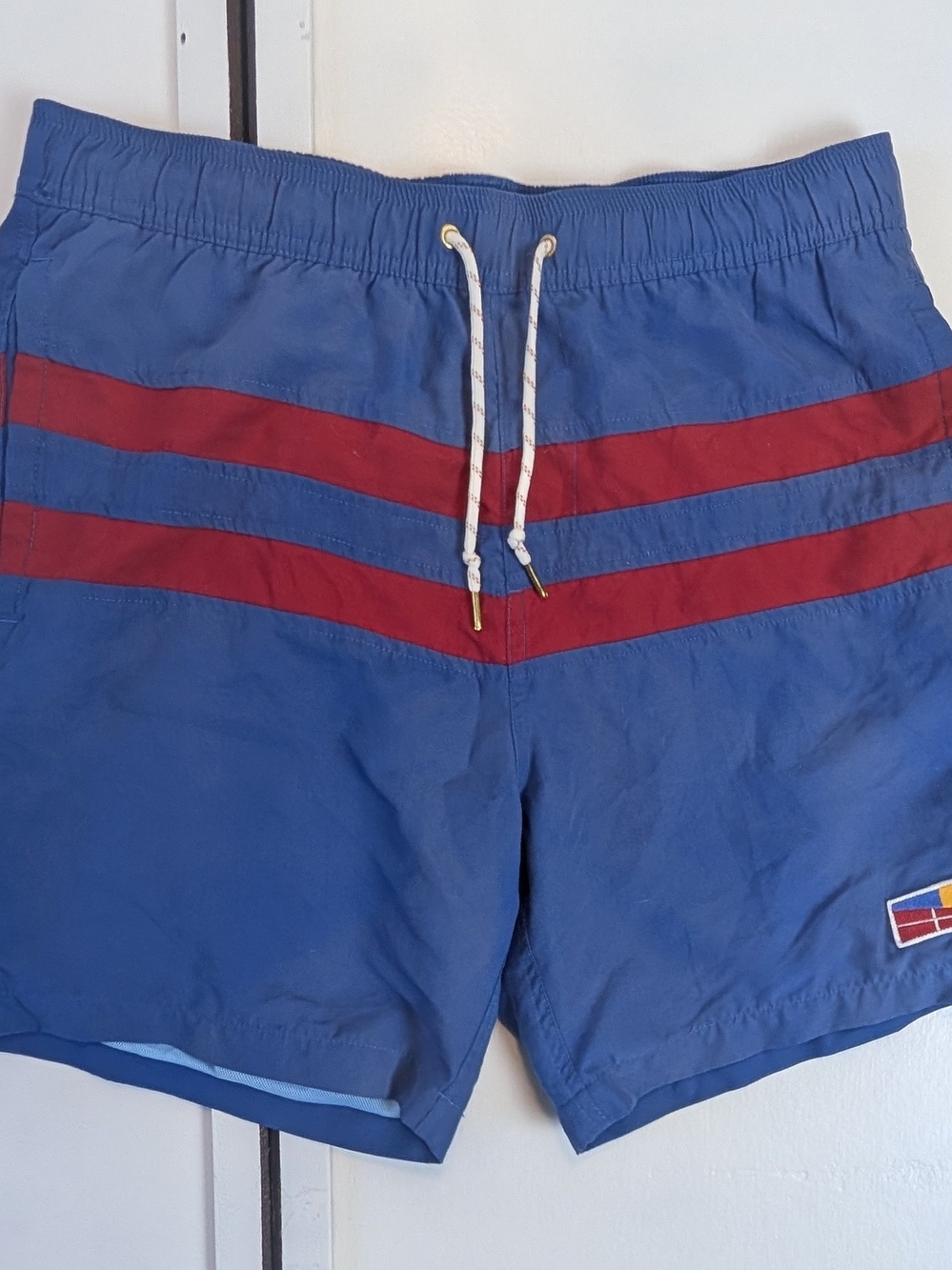 Five Four Blue Swim Shorts with Red Chevron Stripes